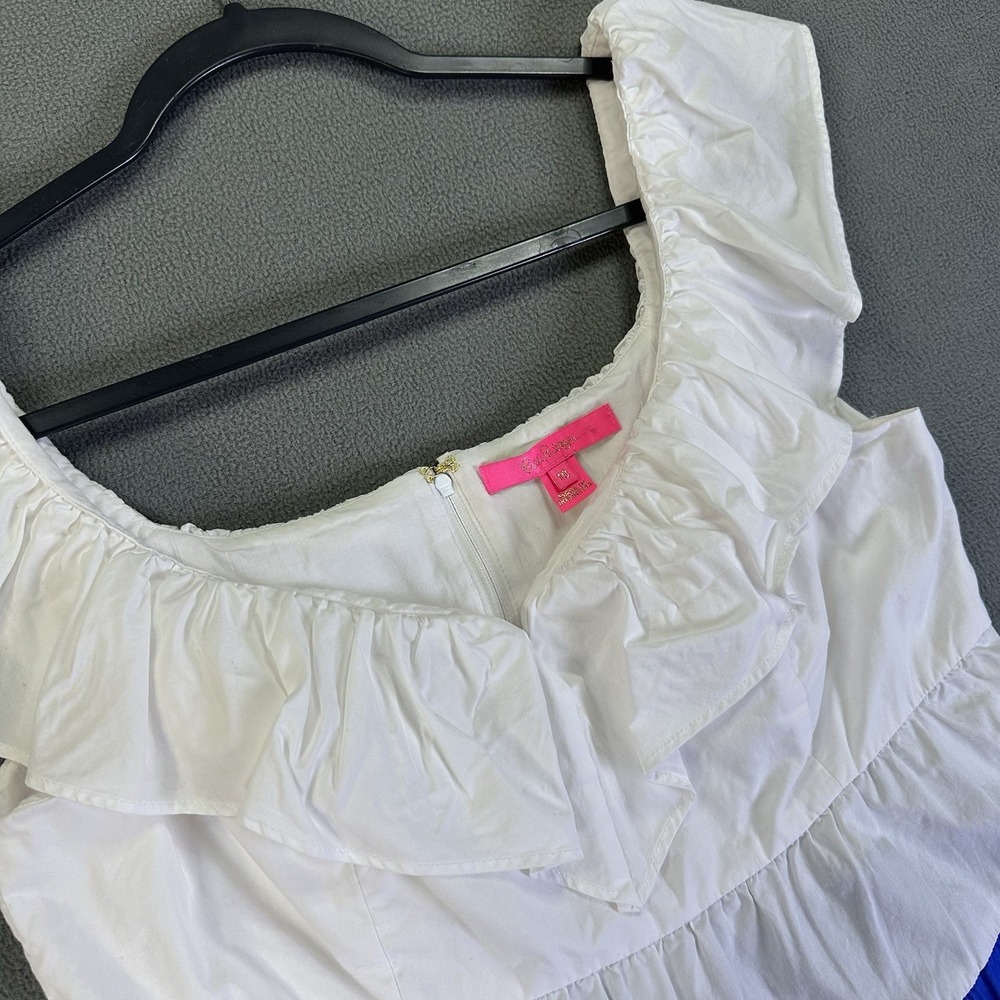Lilly Pulitzer Top Size 10 White Pink Emie Ruffle Resort Beach Coconut Babydoll - Picture 4 of 11